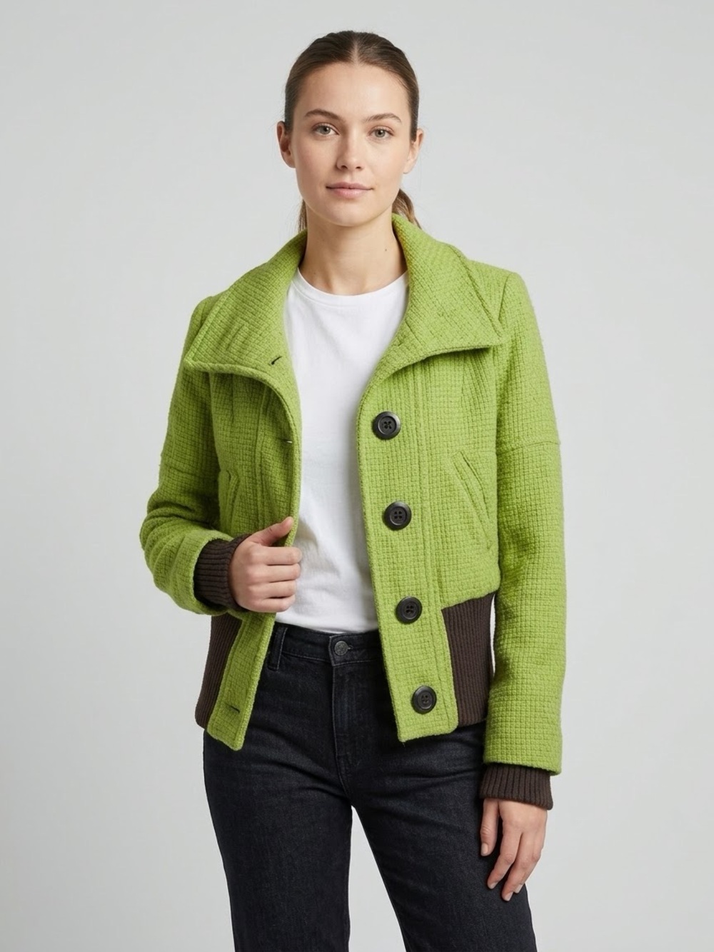 Soia & Kyo Lime Green Textured Button Jacket with Brown Rib Trim